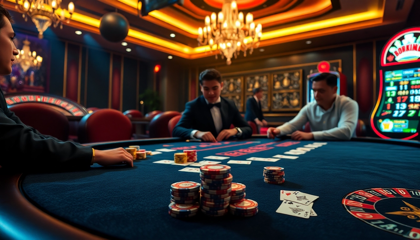 Exciting poker action at a luxurious casino table highlighting okking com's gaming atmosphere.