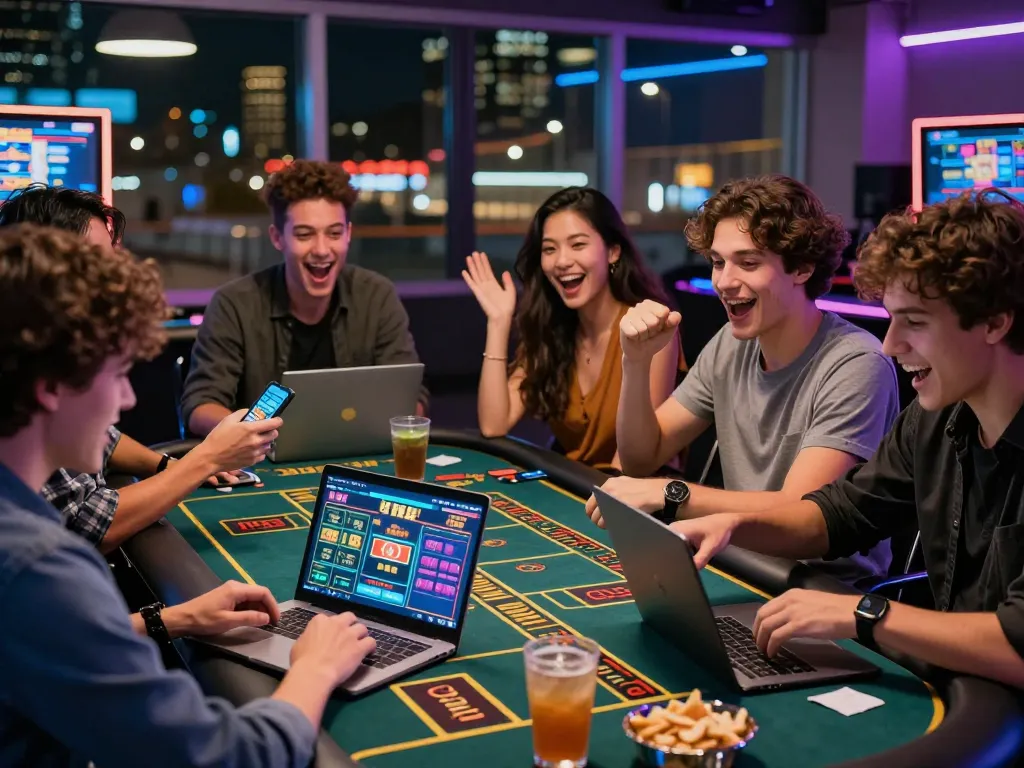 Friends enjoying an engaging online gambling session with aud77 in a vibrant urban setting.