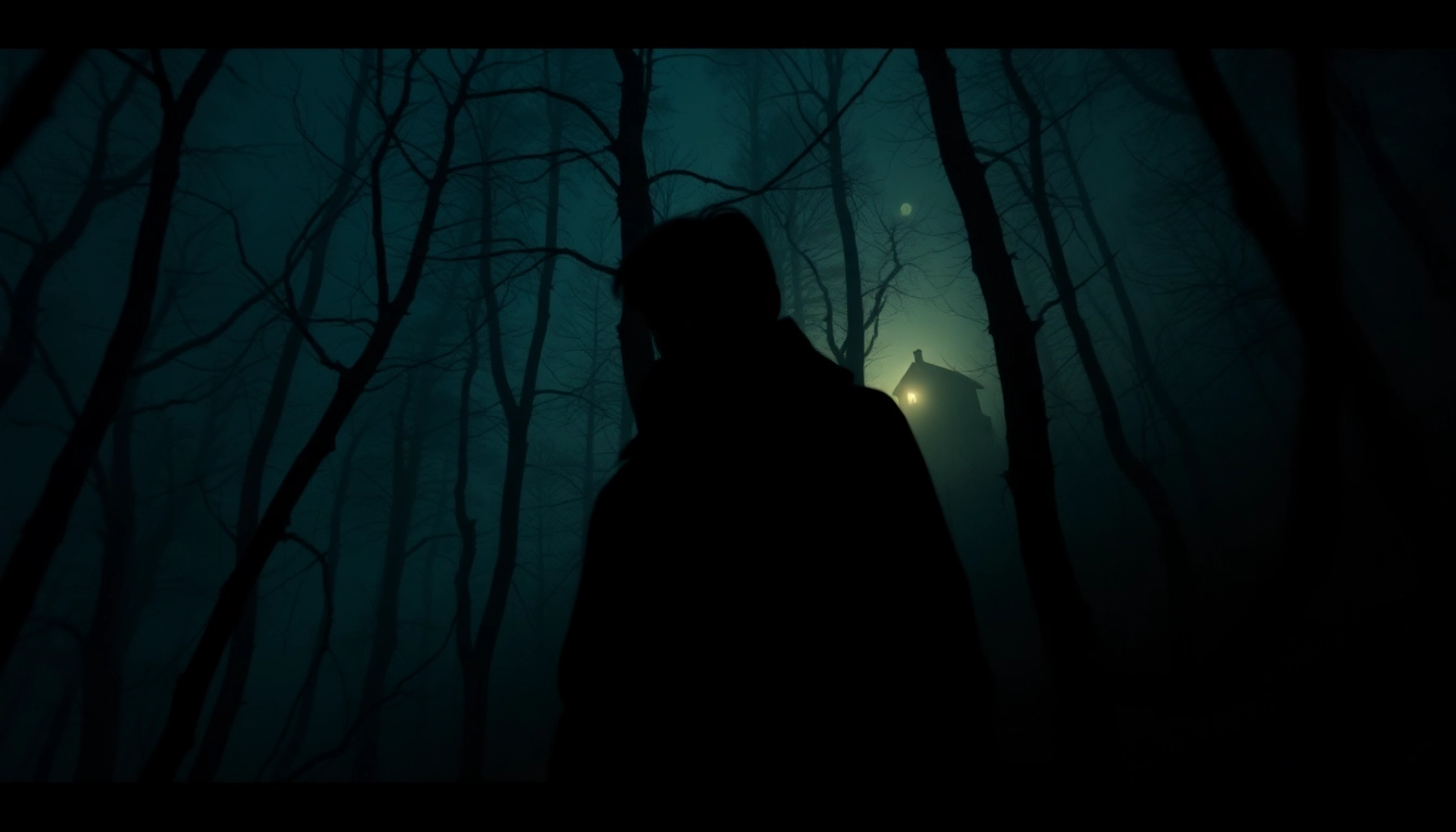 Thriller scene featuring a shadowy figure in a dark, misty forest.