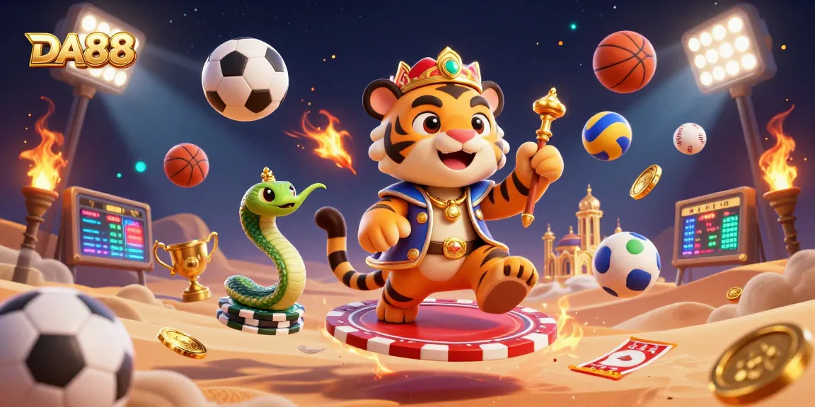 Experience DA88's thrilling atmosphere with gamblers celebrating wins amidst dynamic sports elements and golden treasures.