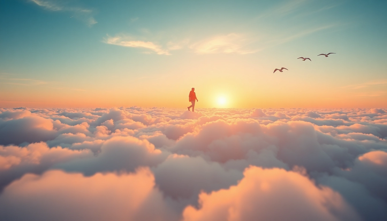 Walking on Clouds: Individual joyfully walking above fluffy clouds at sunset.