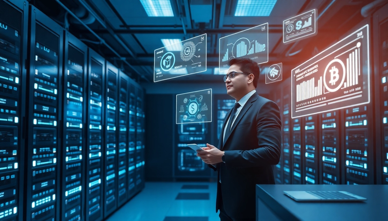 Cloud mining facility showcasing advanced technology and real-time data visualization.
