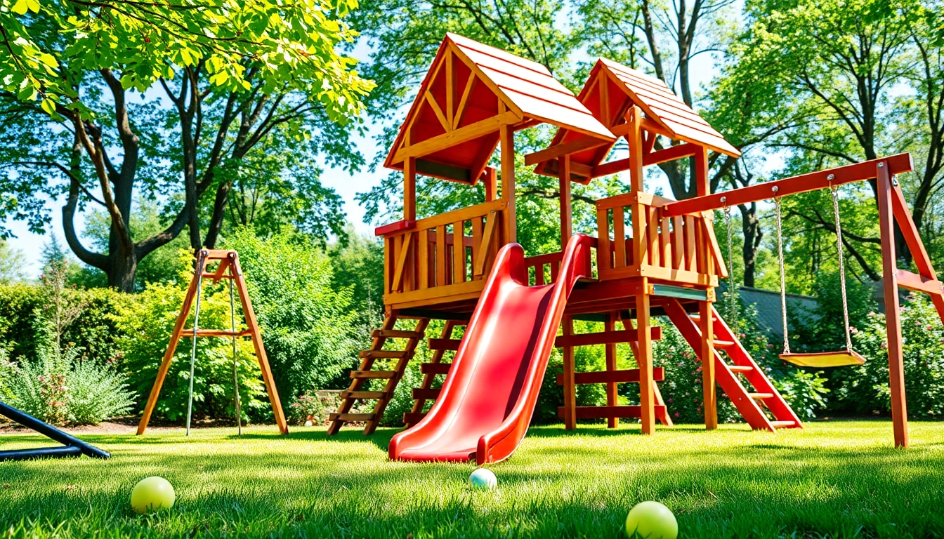 Engaging Jungle Gyms set in a lush garden, showcasing vibrant play structures for children.