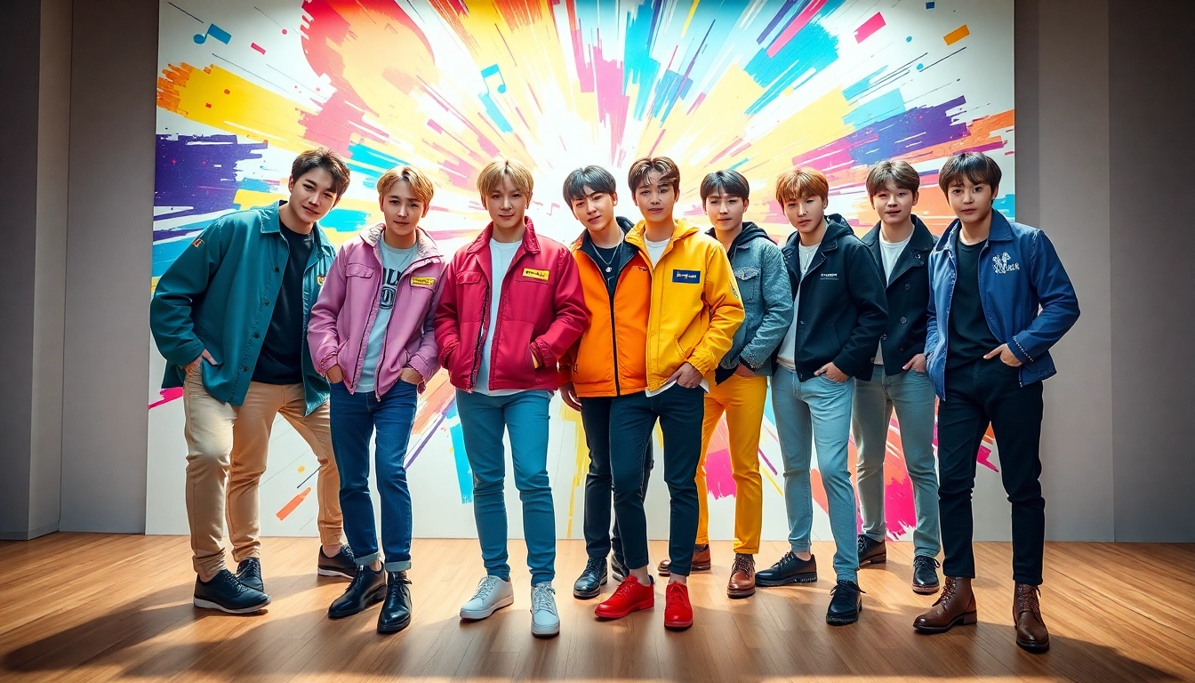 BTS members showcasing their distinctive styles and energy in a vibrant, lively setting.