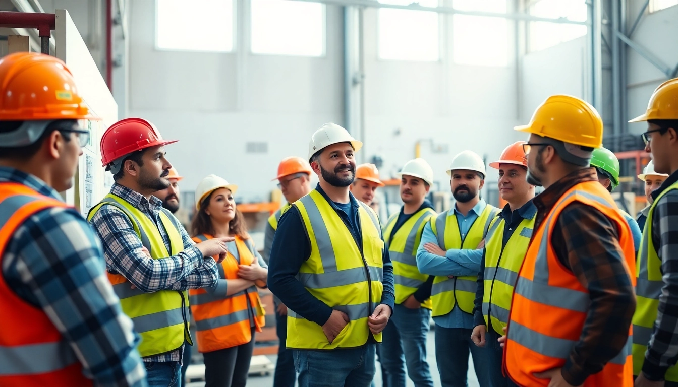 Engaging construction safety training session highlighting key safety practices in an industrial setting.