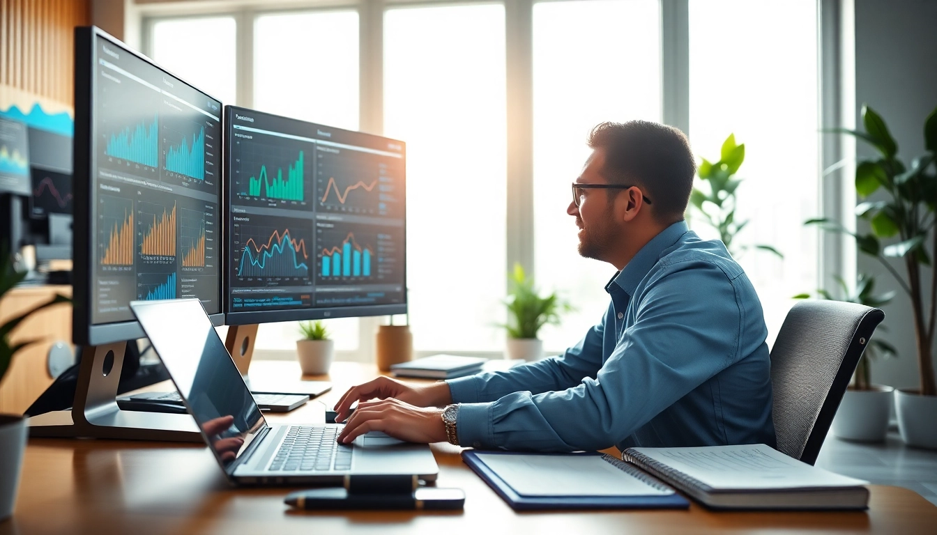 SEO consultant analyzing website performance data with graphs and analytics.