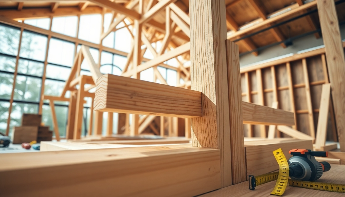 Showcase of timber frame solutions with intricate joinery techniques in a modern construction setting.