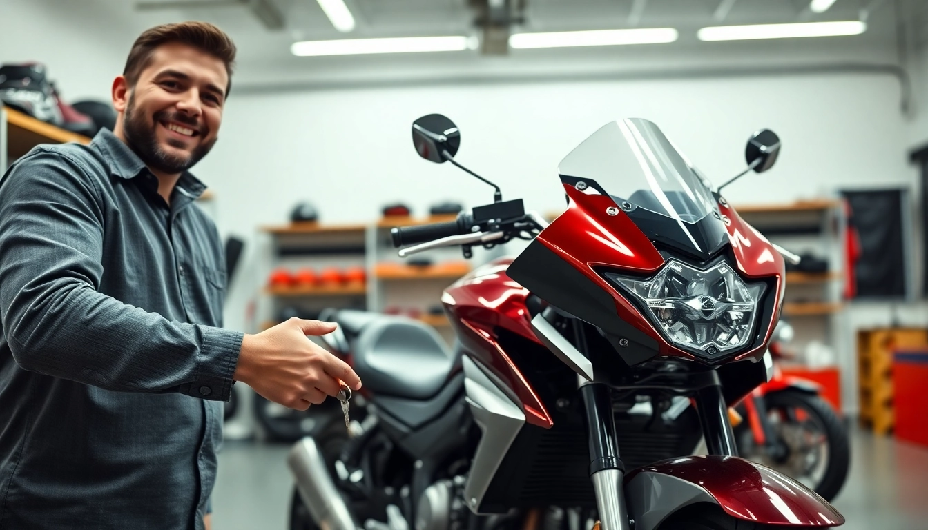 Motorrad Verkaufen Ankauf: Ein Verkäufer übergibt den Schlüssel an einen zufriedenen Käufer.