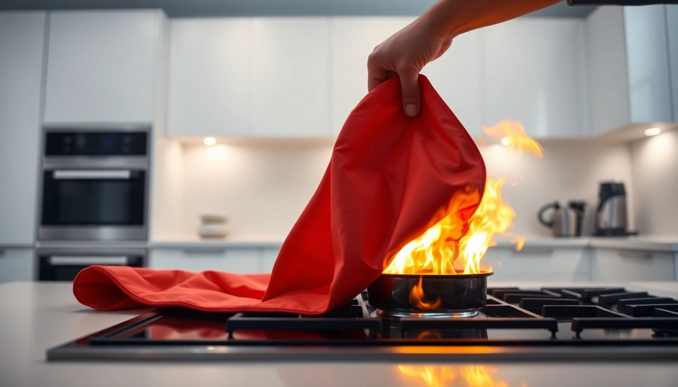 Fire blanket in action smothering flames in a kitchen setting.