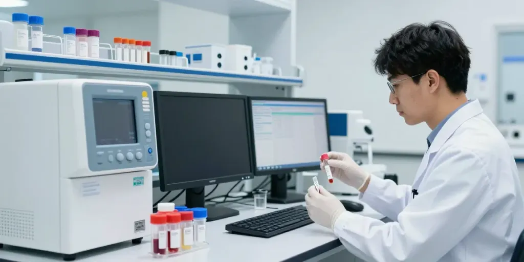Laboratorios Chihuahua: profesional del laboratorio analizando muestras en un ambiente moderno y limpio.