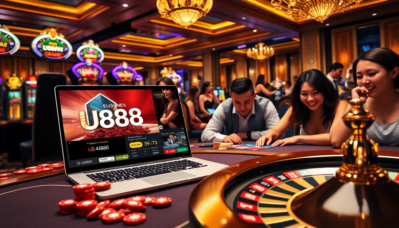 Players enjoying the premium U888 online casino experience surrounded by luxury gaming elements.