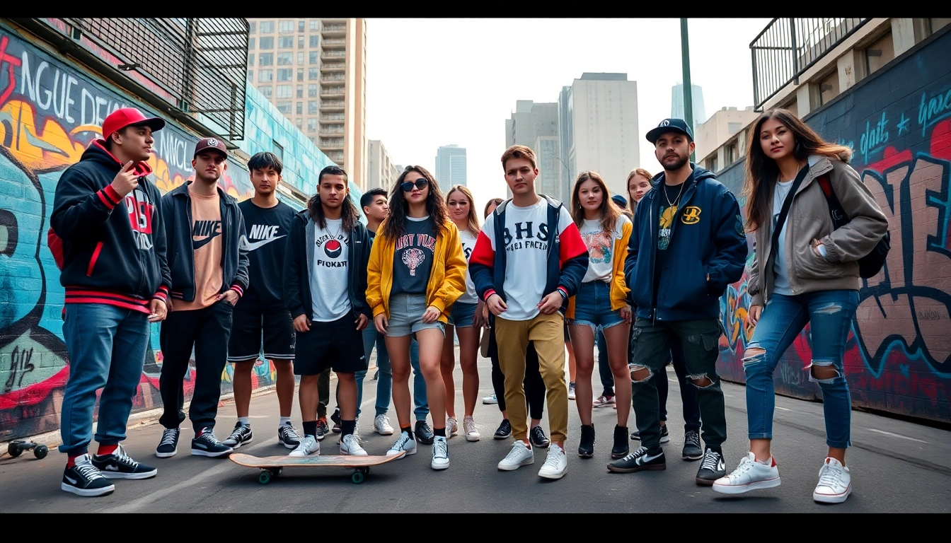 Young adults showcasing stylish streetwear clothes in a vibrant urban environment.