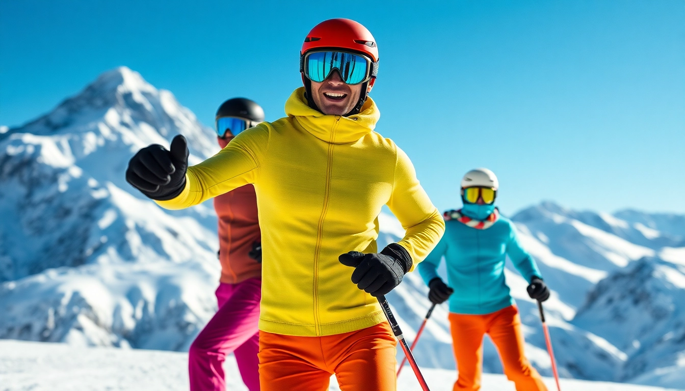 Showcasing merino wool base layers for skiing worn by skiers in snowy mountains, highlighting comfort and warmth.