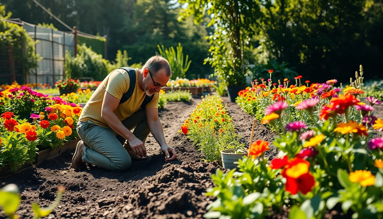 Gardening enthusiast planting vibrant flowers in a community garden, fostering growth and connection.