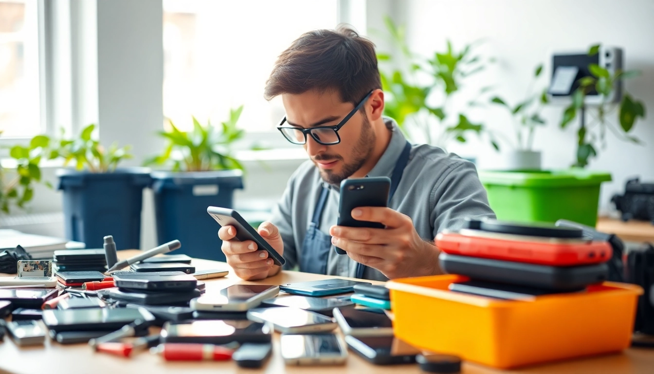 Sell your old devices with a technician analyzing smartphones in a modern eco-friendly workspace.