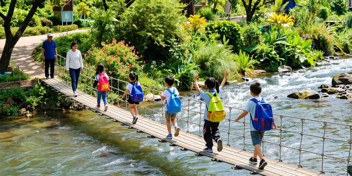 Family crossing a scenic River Rope Bridge, enjoying outdoor adventure in nature.