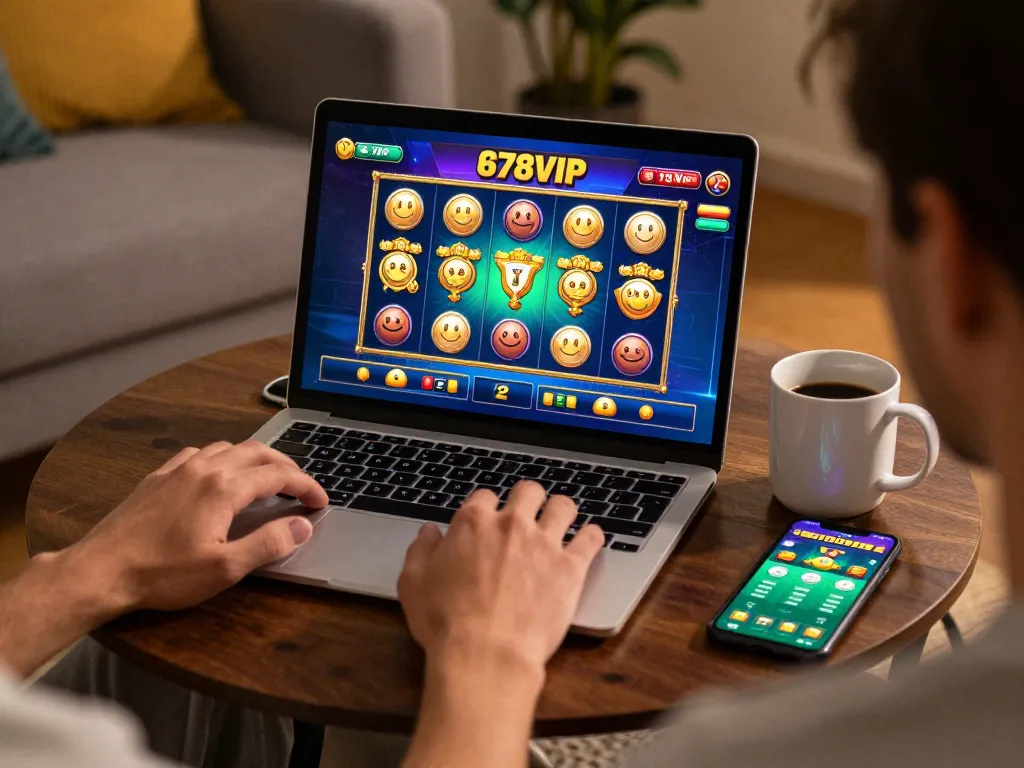 Player enjoying a thrilling slot game at 678VIP online casino in a cozy home setting.