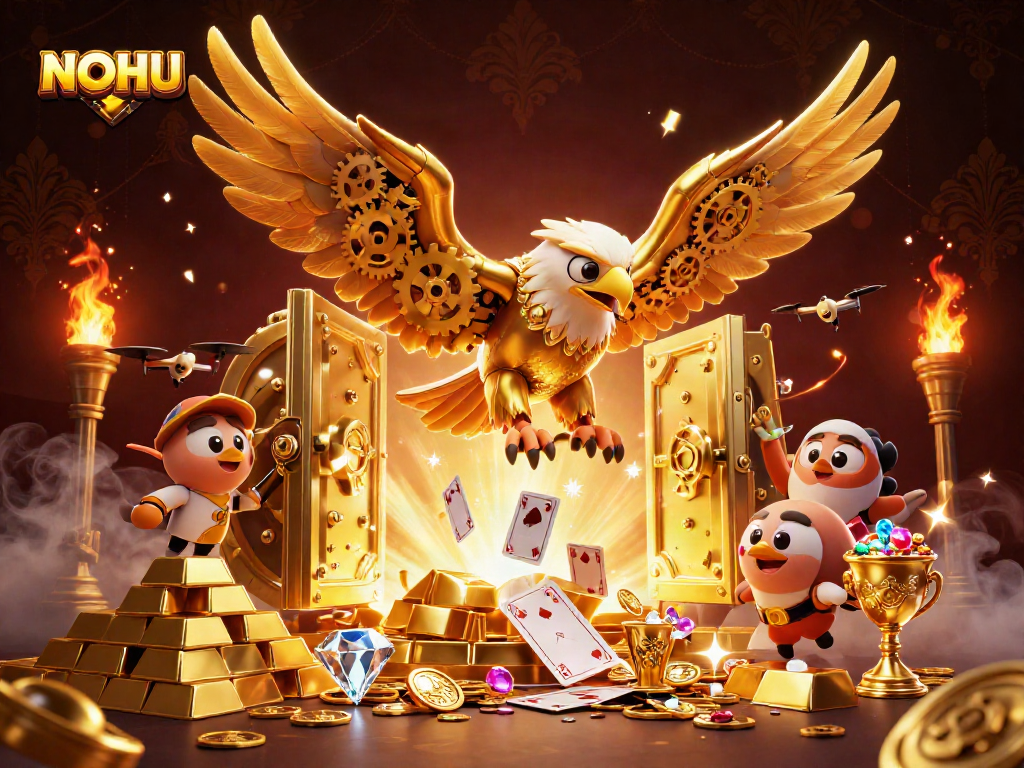 NOHU's vibrant 3D gaming scene featuring a golden eagle soaring through holographic cards amid treasure elements.