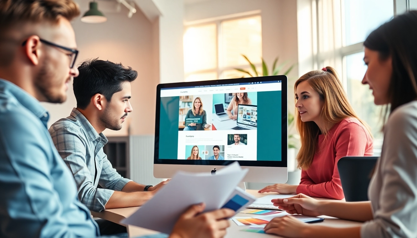 Designers crafting Website Design Hereford in a modern workspace with vibrant elements.