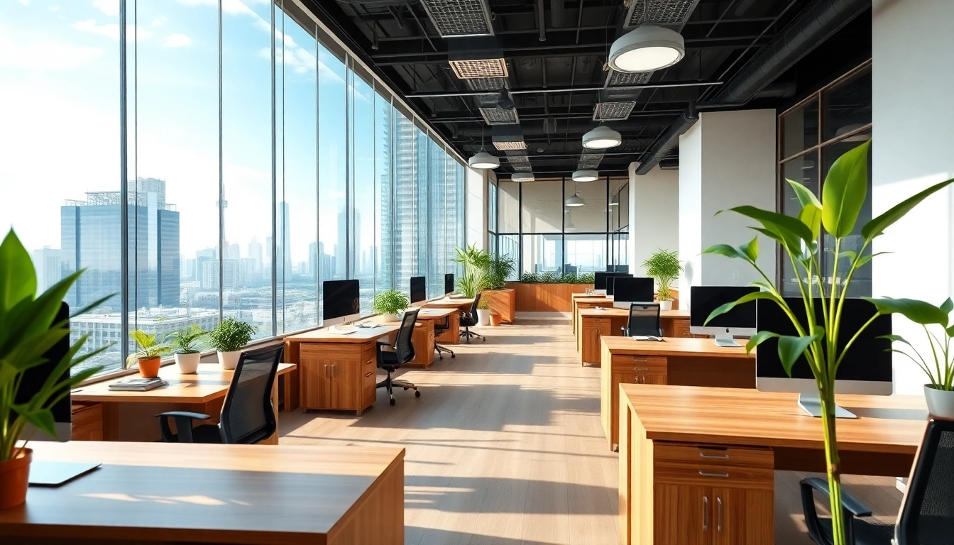 Real Estate office with modern desks and bright natural light creating a welcoming atmosphere