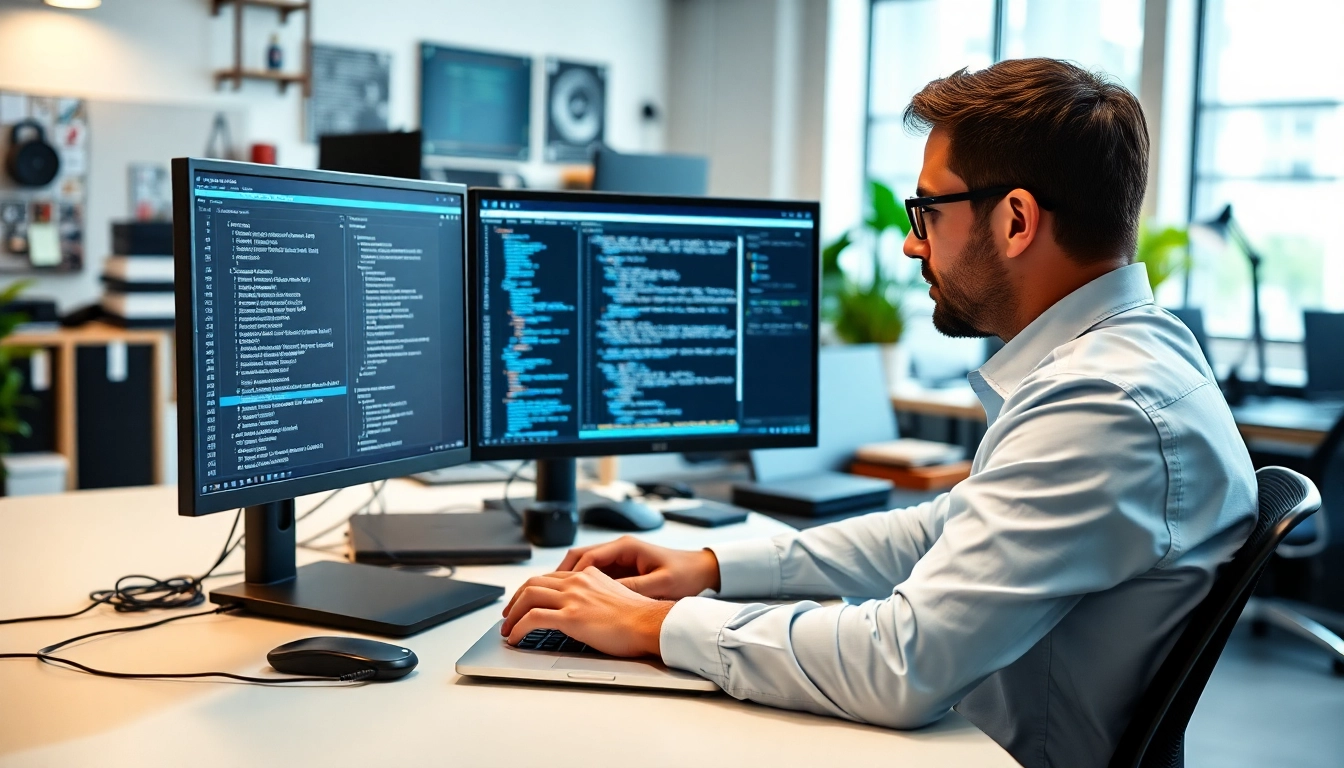 DoesQA guide test automation with an expert analyzing scripts on dual monitors.