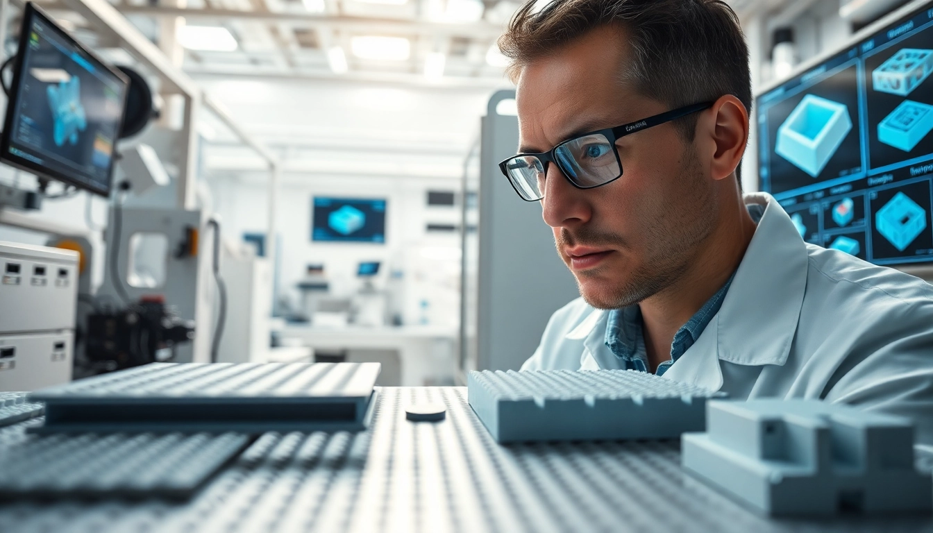 Engineer examining engineered composites in a modern laboratory filled with advanced technology.