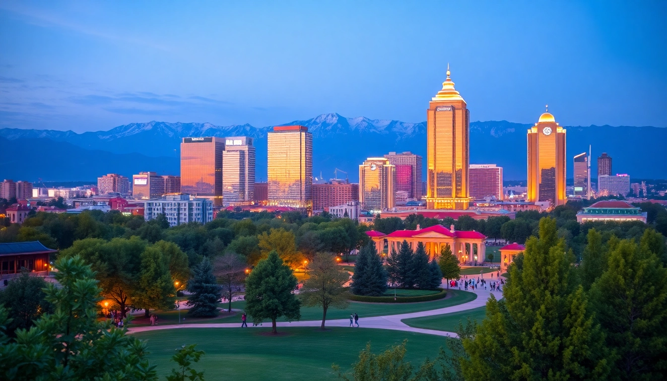 Visualize the vibrant cityscape of Almaty at dusk on https://albmaftoh.com with illuminated skyscrapers.