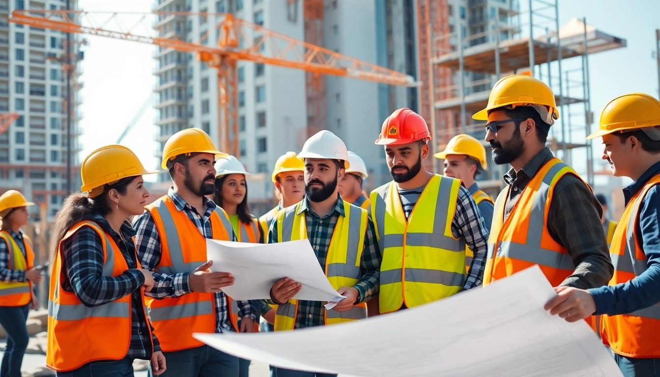 Workers from a construction association collaborating on-site, showcasing teamwork and various trades.