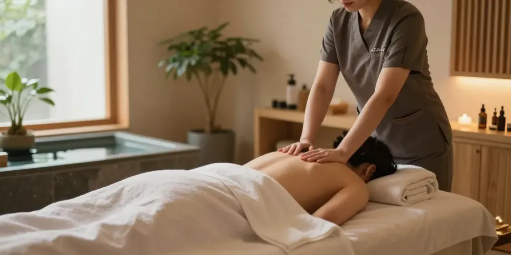 Serene 하남출장마사지 spa scene with massage therapist and calming ambiance.