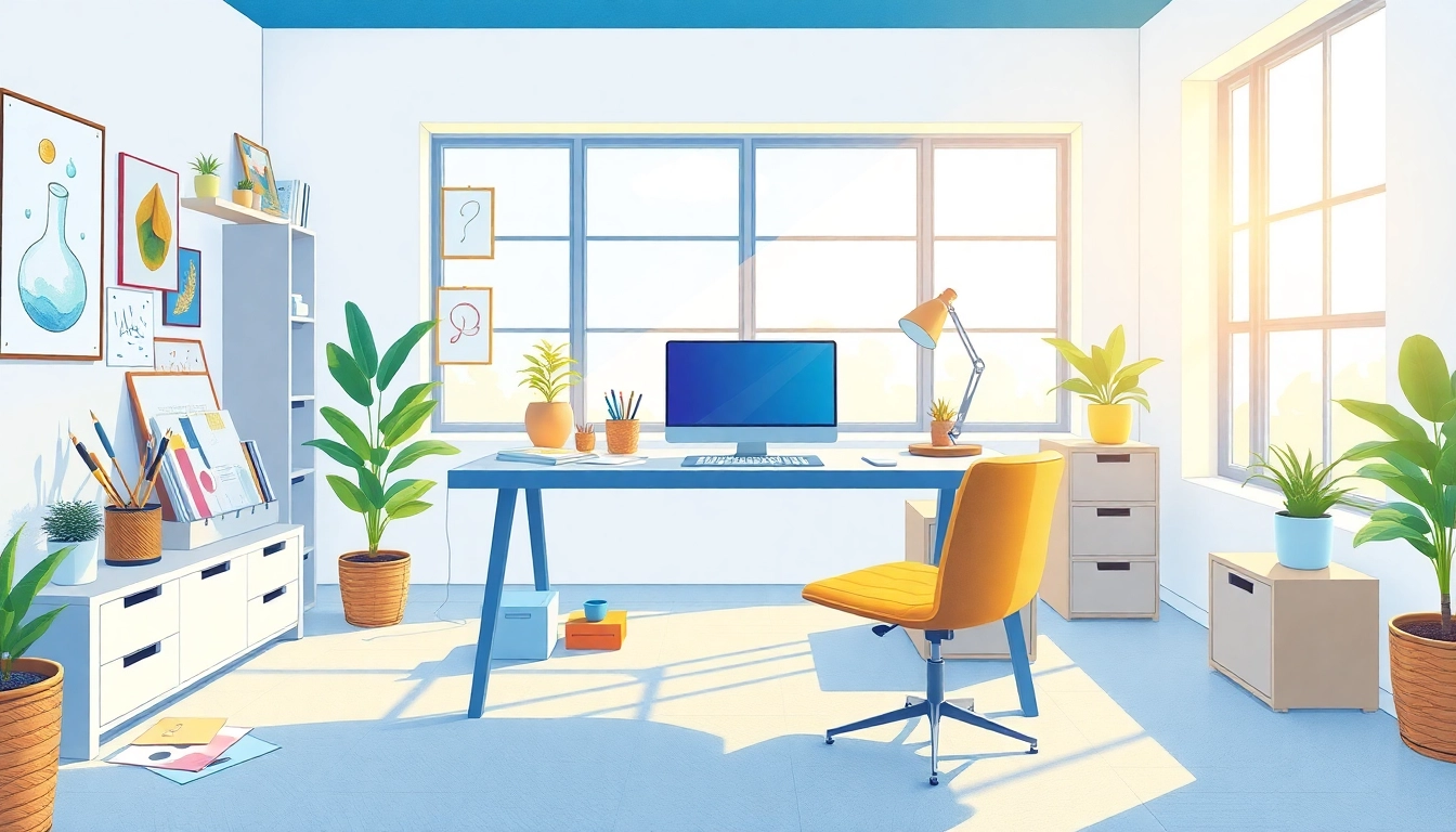 Menampilkan ruang kerja kreatif carijp lengkap dengan alat gambar dan laptop modern.