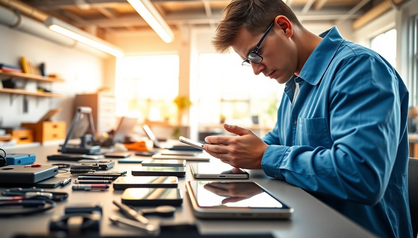 Sell your old devices in a bustling tech workspace, showcasing a technician assessing smartphones.