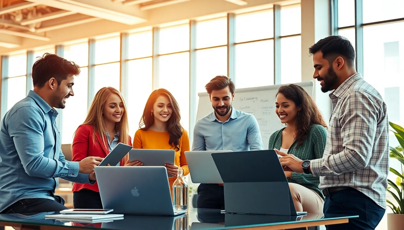 Creative team at a web development company collaborating in a modern office.
