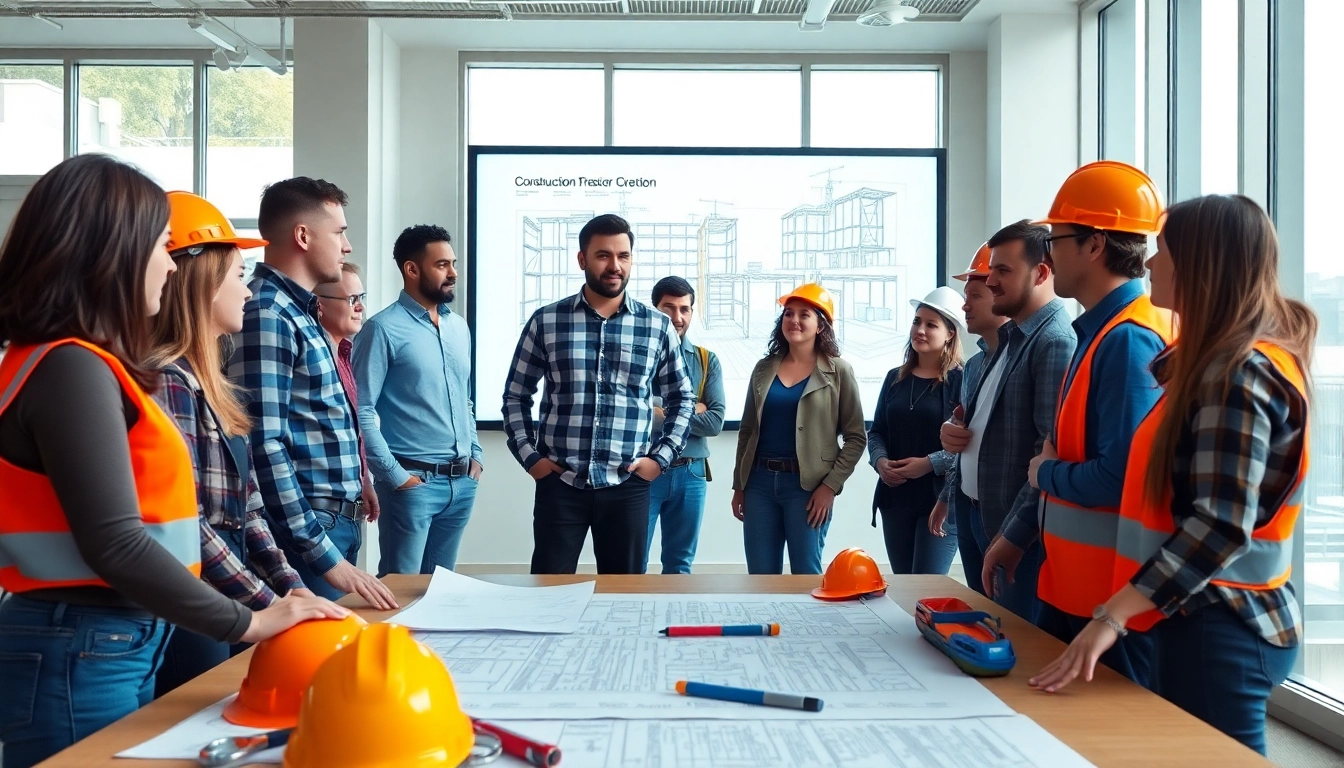 Construction association members discussing project strategies in a modern meeting room.