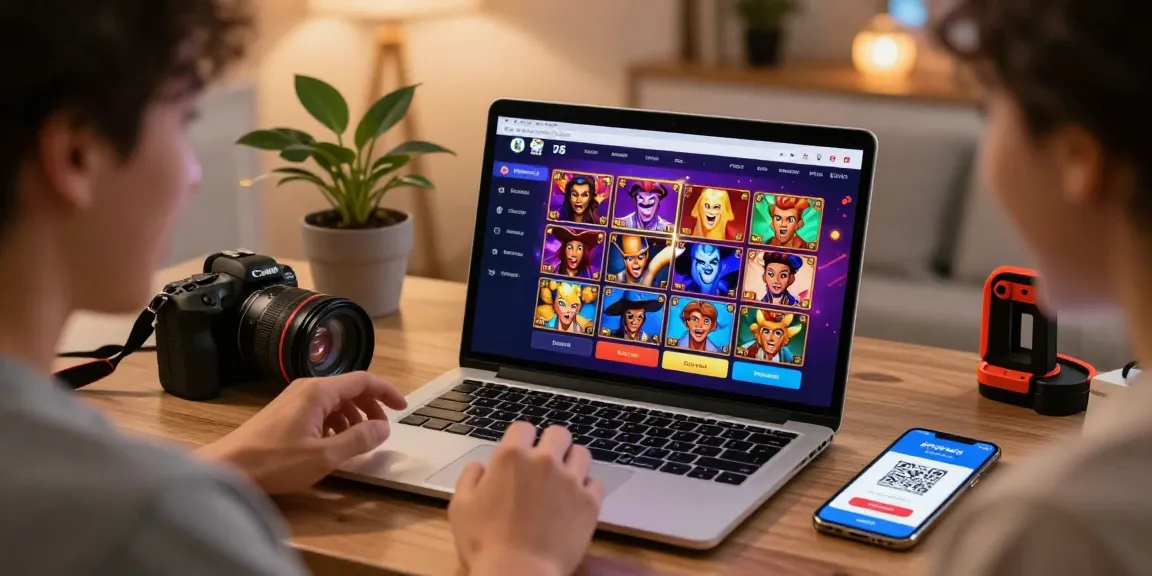 Engaged customer exploring slot deposit 1000 gaming platform on laptop in a cozy home office, showcasing vibrant game graphics.
