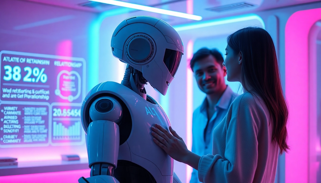 Engaging interaction between a humanoid robot and a person in a futuristic setting about sex AI.