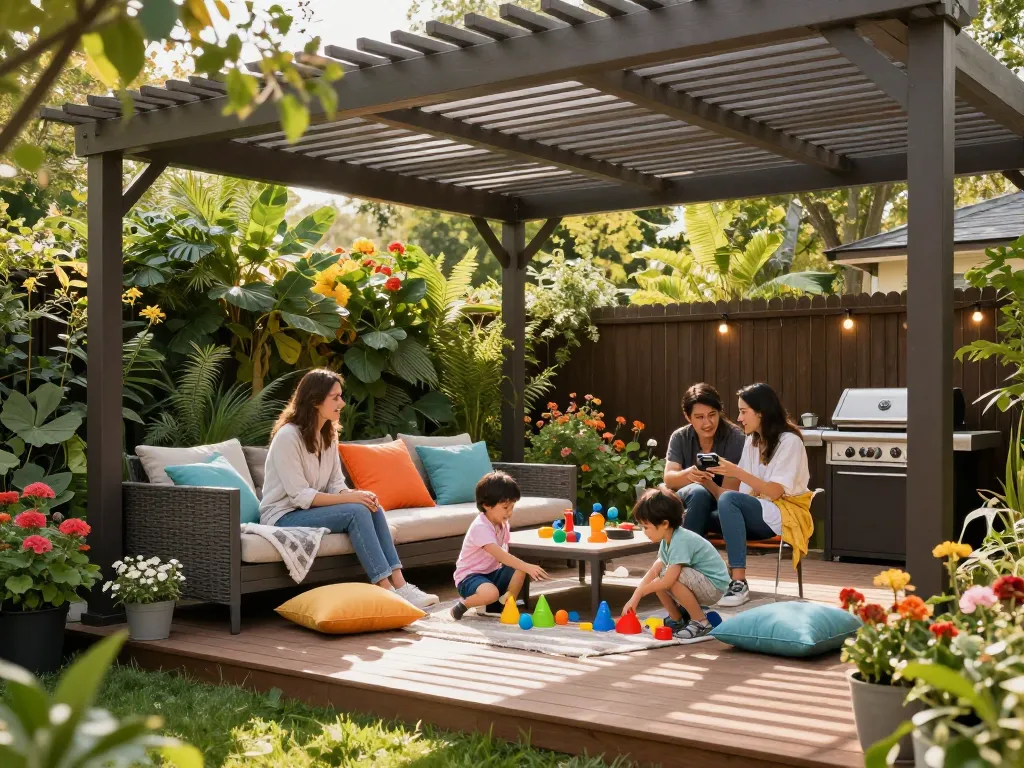 Famille sous une pergola configurateur 3D profitant d'un moment de détente et de jeu à l'extérieur.