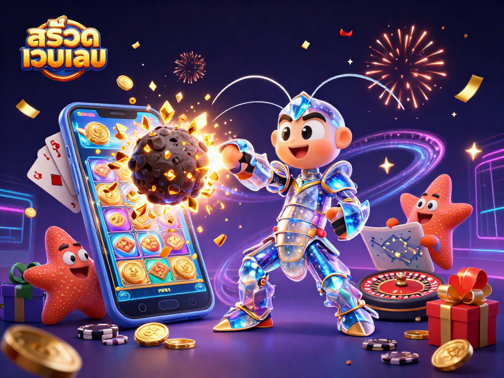 Experience exciting สล็อตเว็บตรง gaming with a galactic shrimp battling for treasures amidst dazzling casino elements.