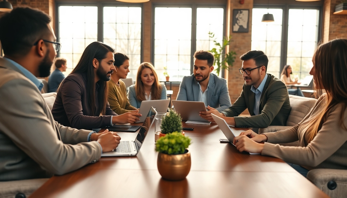 Engage in business discussions in a modern setting with diverse professionals.