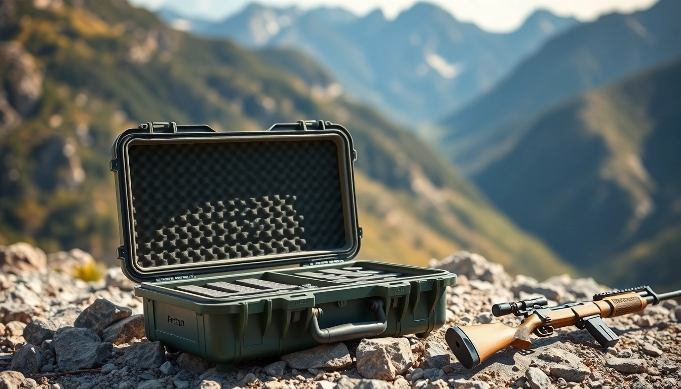 Showcase of a pelican rifle case in a rugged outdoor setting, emphasizing its durable features and organized design.