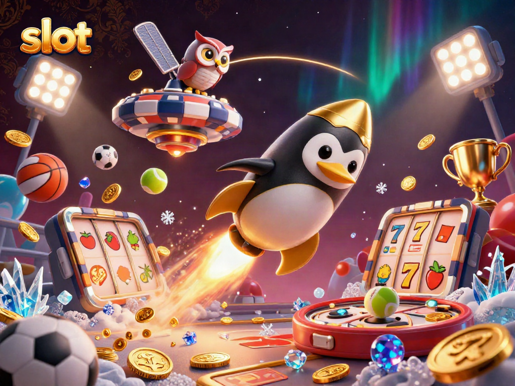 Menggenggam slot dengan simbol buah dan jackpot di kasino, penguin emas terbang dan piala trofi.