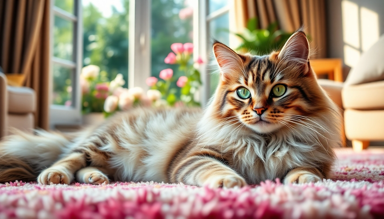 Adorable Maine Coon cats for sale relaxing in a sunlit cozy living room.