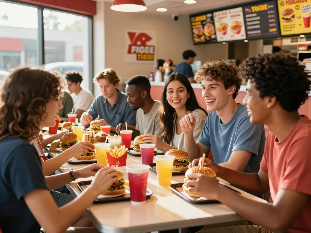 Friends enjoying fast food prices at a colorful bustling restaurant.