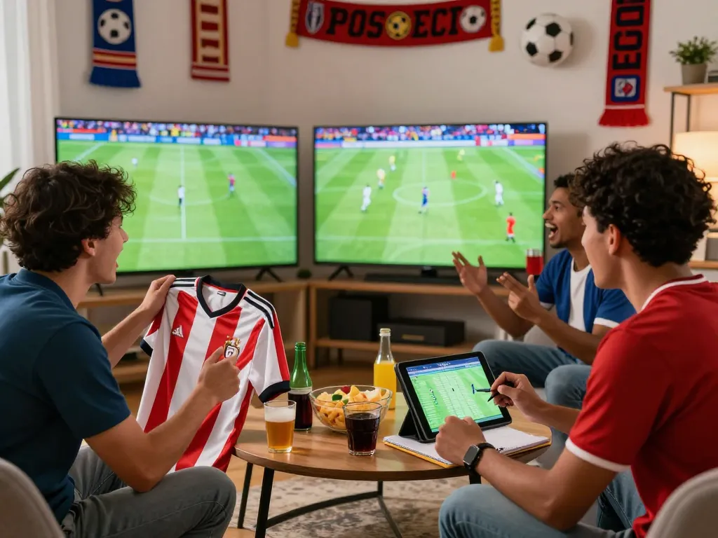 Football fans enjoying live streaming on LuongSonTV in a cozy living room.