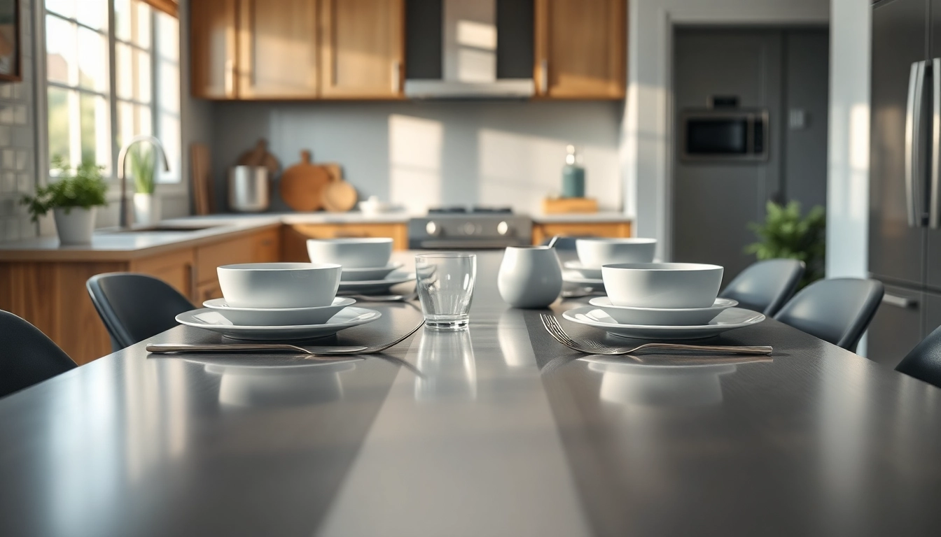 Stylish steel table for kitchen featuring elegant plating amidst a modern kitchen setup.