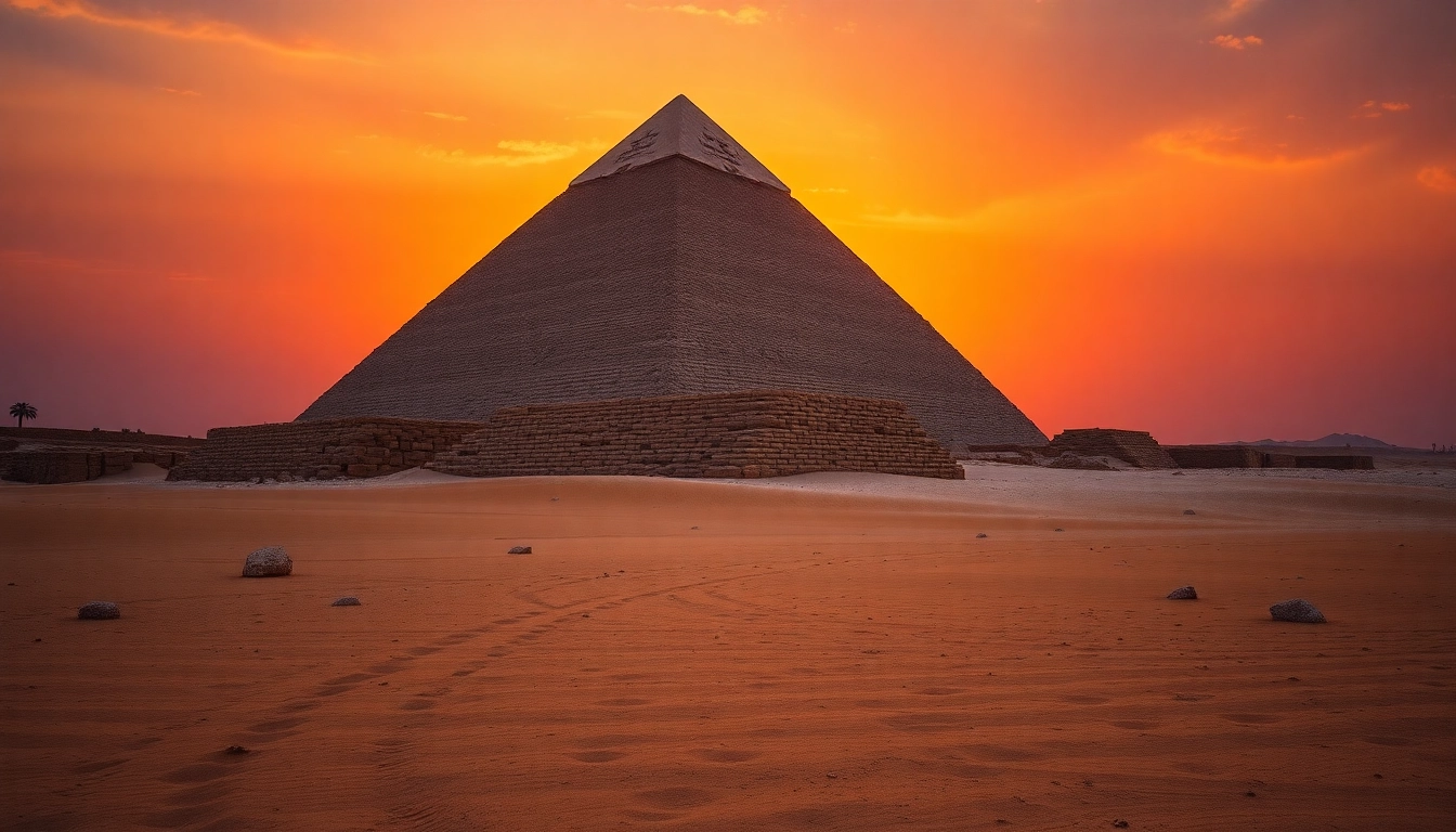 Capture the majestic piraminds of Giza under a dramatic sunset sky, highlighting their ancient grandeur.