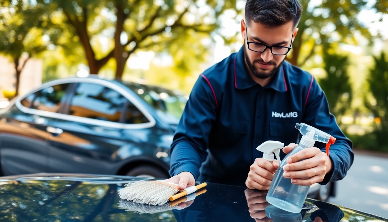 Technician performing mobile auto detailing on a luxury car emphasizing professionalism and quality care.