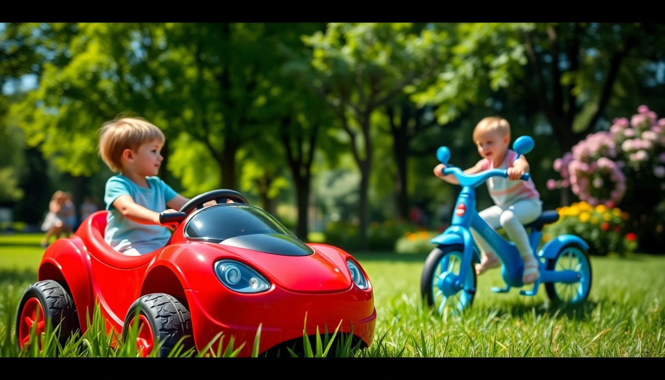 Children enjoying ride on toys like red cars and blue tricycles in a sunny park setting.