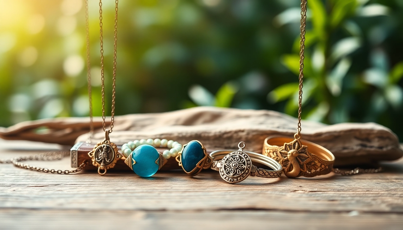 Admire exquisite spiritual jewelry with intricate designs and natural gemstones, beautifully displayed.