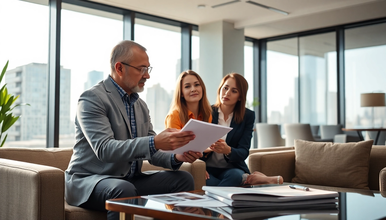 Extended warranty provider consulting with a client in a modern office setting.