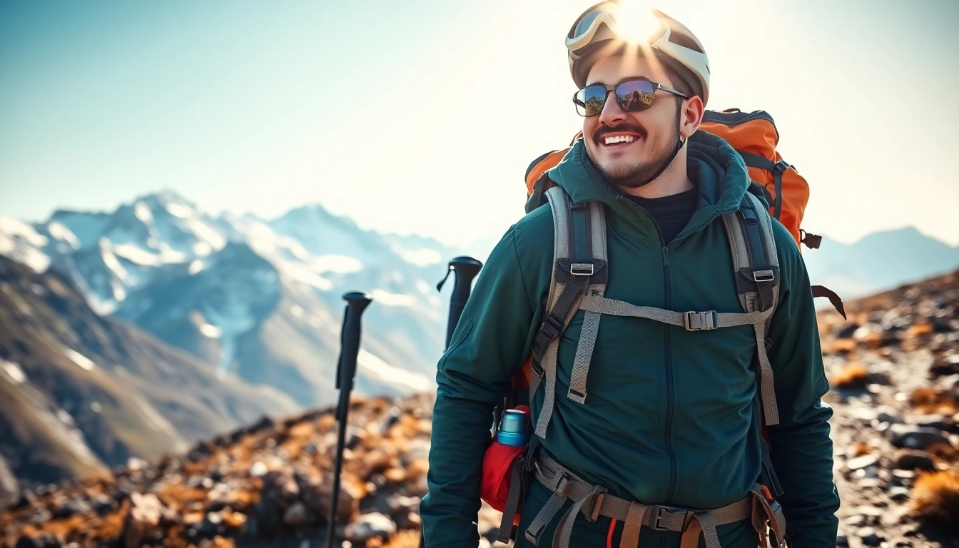 Adventure seeker showcases essential backcountry gear on a mountain trail.